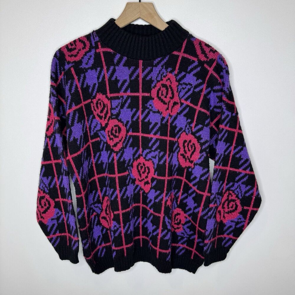 Vtg Adele Sweater Womens L Floral Mock Neck Grandma Grannycore Retro Ugly